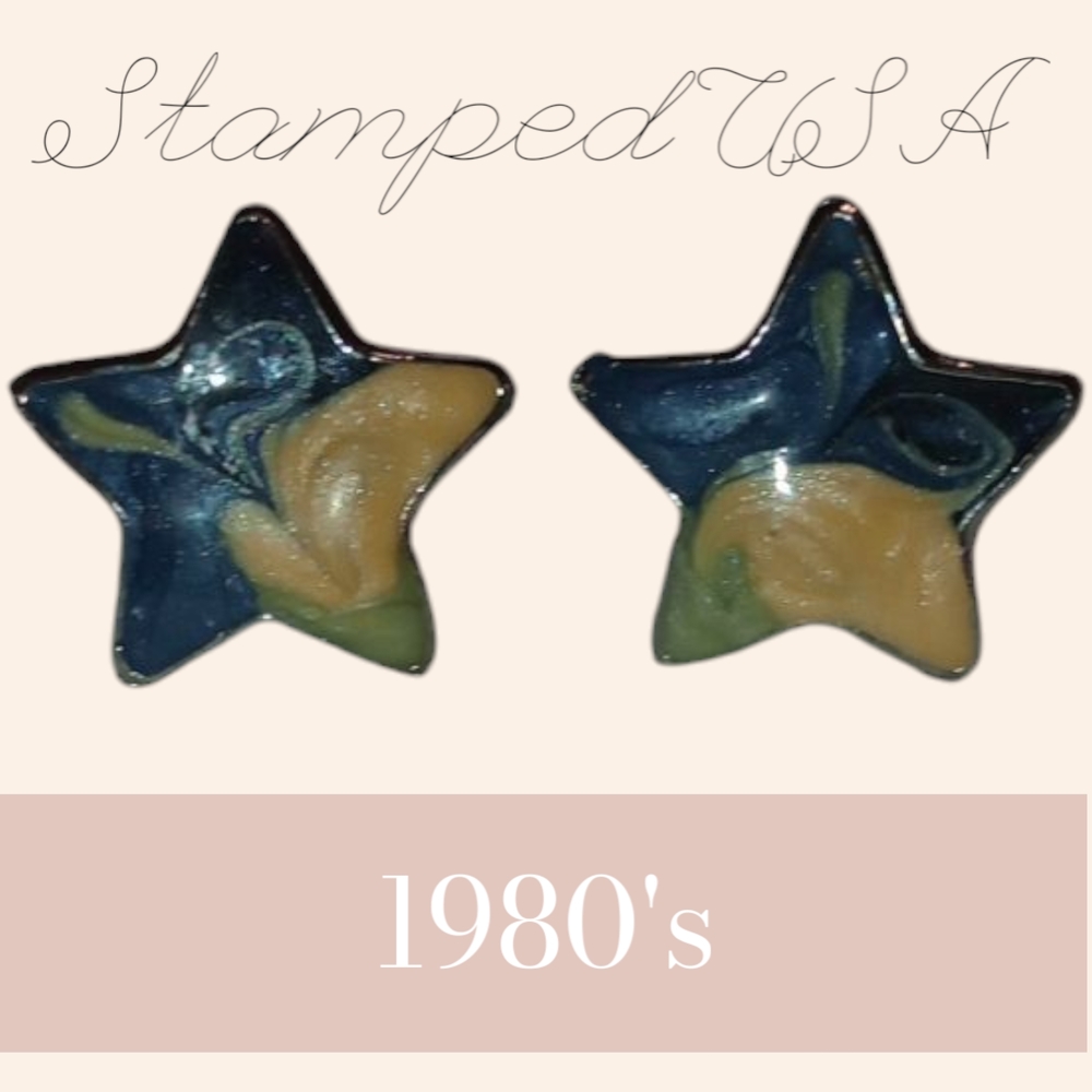 Vintage Cloisonne Shimmering Star Earrings Blue and Beige Made In The USA